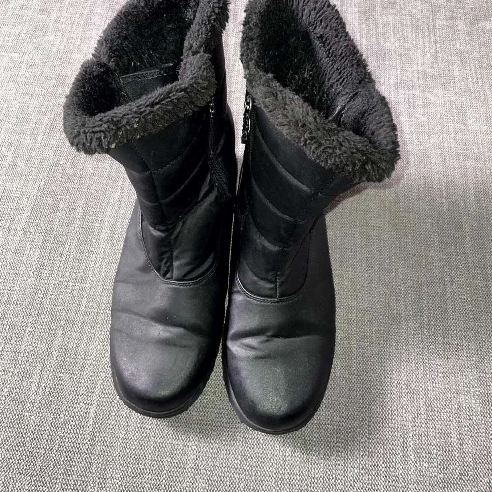 Totes Womens US 9 M Weather Boots Black Faux Fur Lined Side Zipper Mid Calf Snow